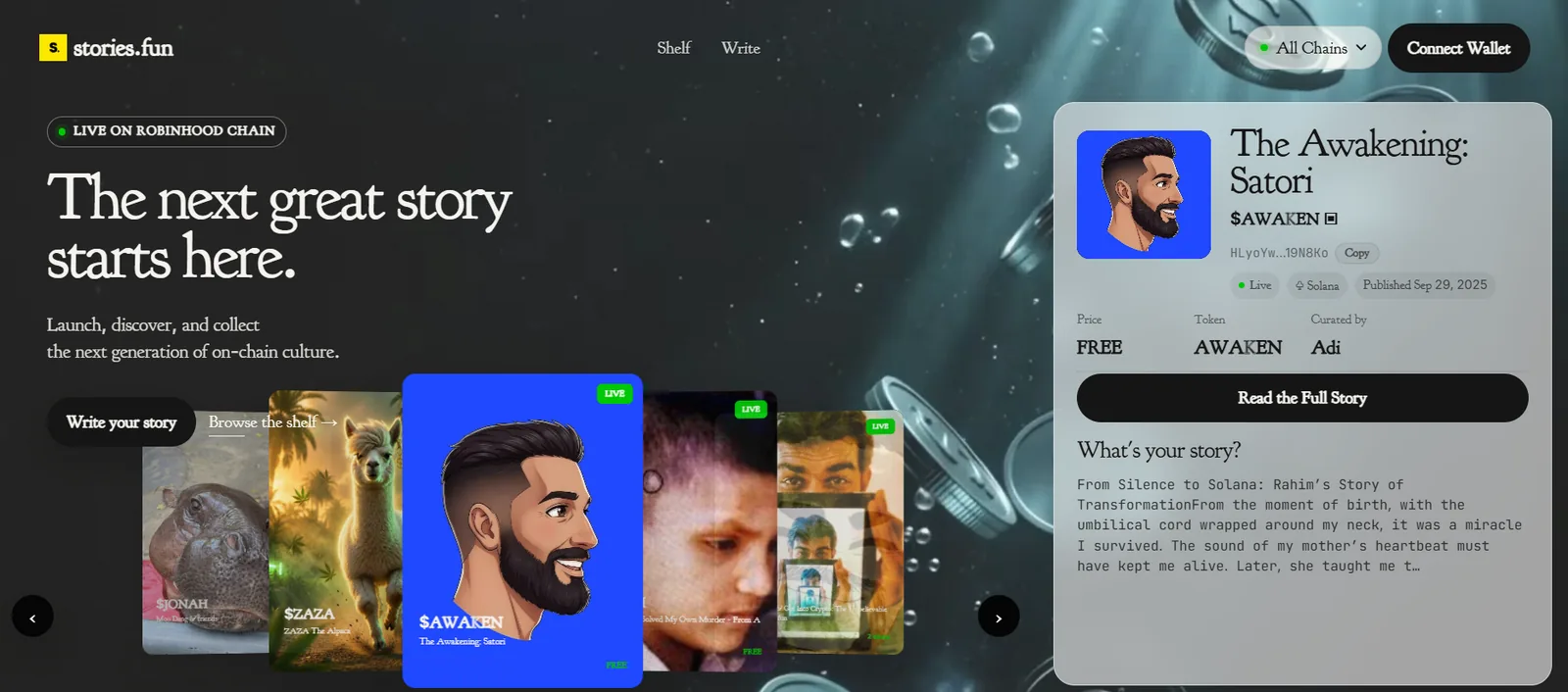 Stories.fun — Deployed story tokenization infrastructure on Robinhood Chain, integrating on-chain assets with the platform's application layer